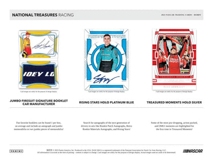 Trading card advertisement for 2023 Panini National Treasures Racing memorabilia cards