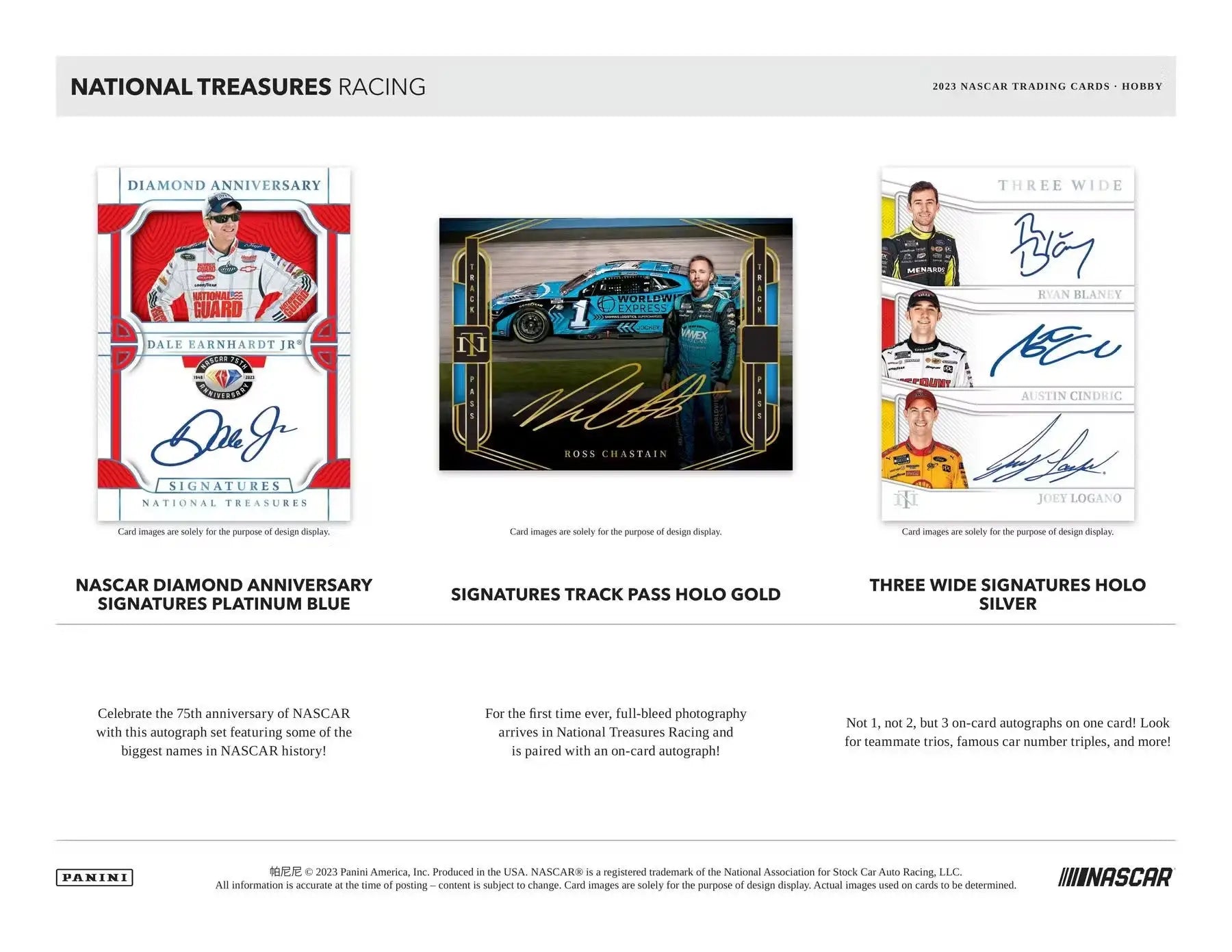 2023 Panini National Treasures Racing memorabilia cards with autographs on display