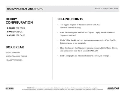 Product information sheet for 2023 Panini National Treasures Racing memorabilia cards