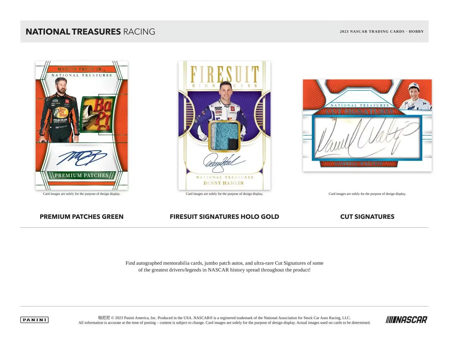 NASCAR memorabilia cards featuring autographs and patches from National Treasures Racing