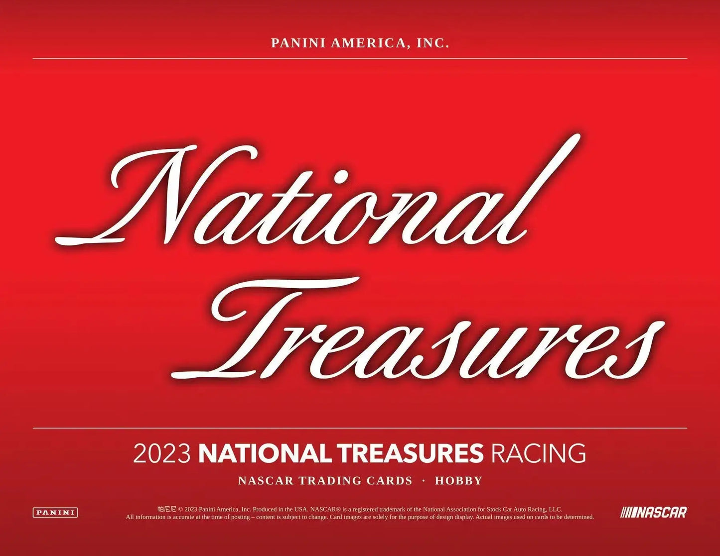 Red trading card box cover for 2023 National Treasures Racing memorabilia cards by Panini