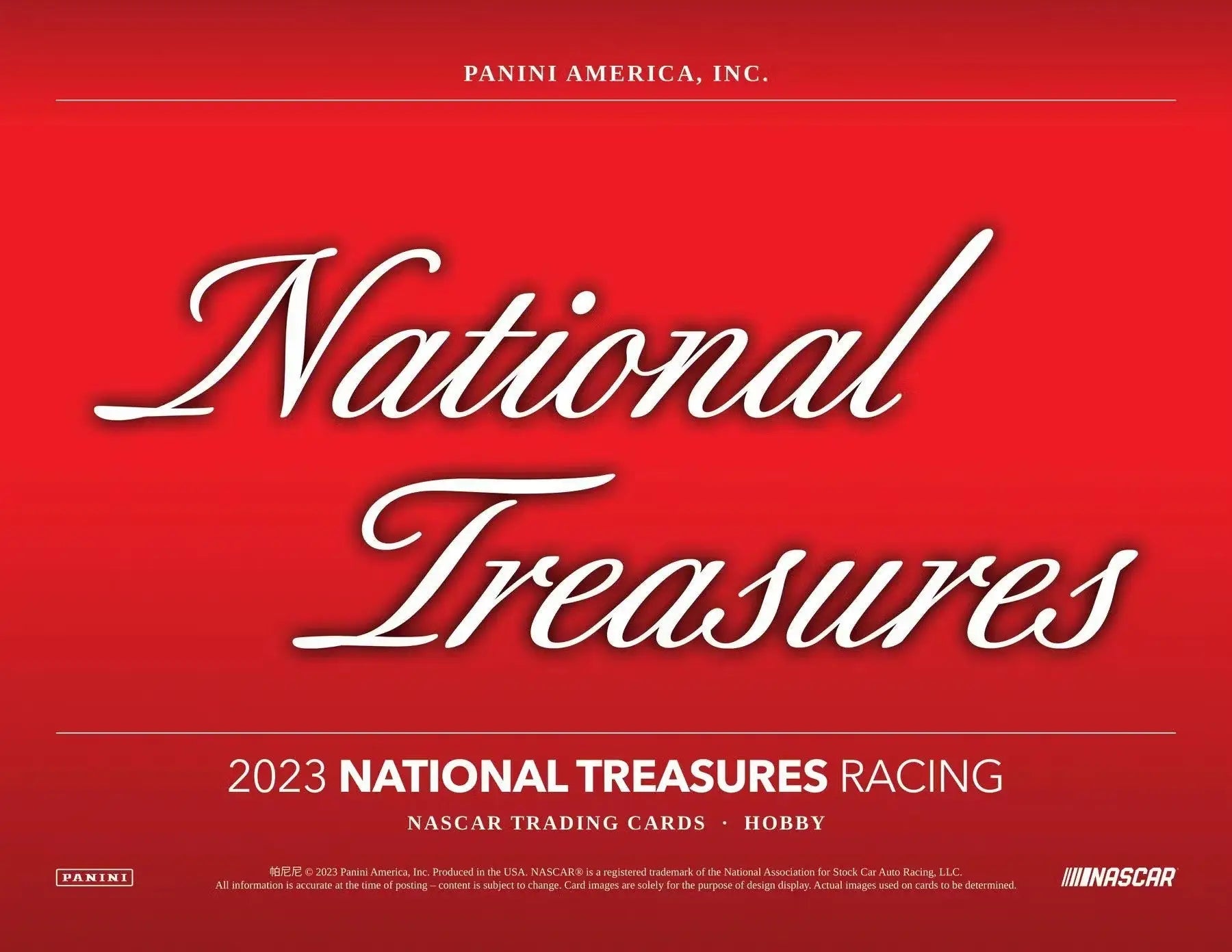 Red trading card box cover for 2023 National Treasures Racing memorabilia cards by Panini