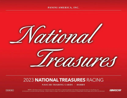 Red trading card box cover for 2023 National Treasures Racing memorabilia cards by Panini