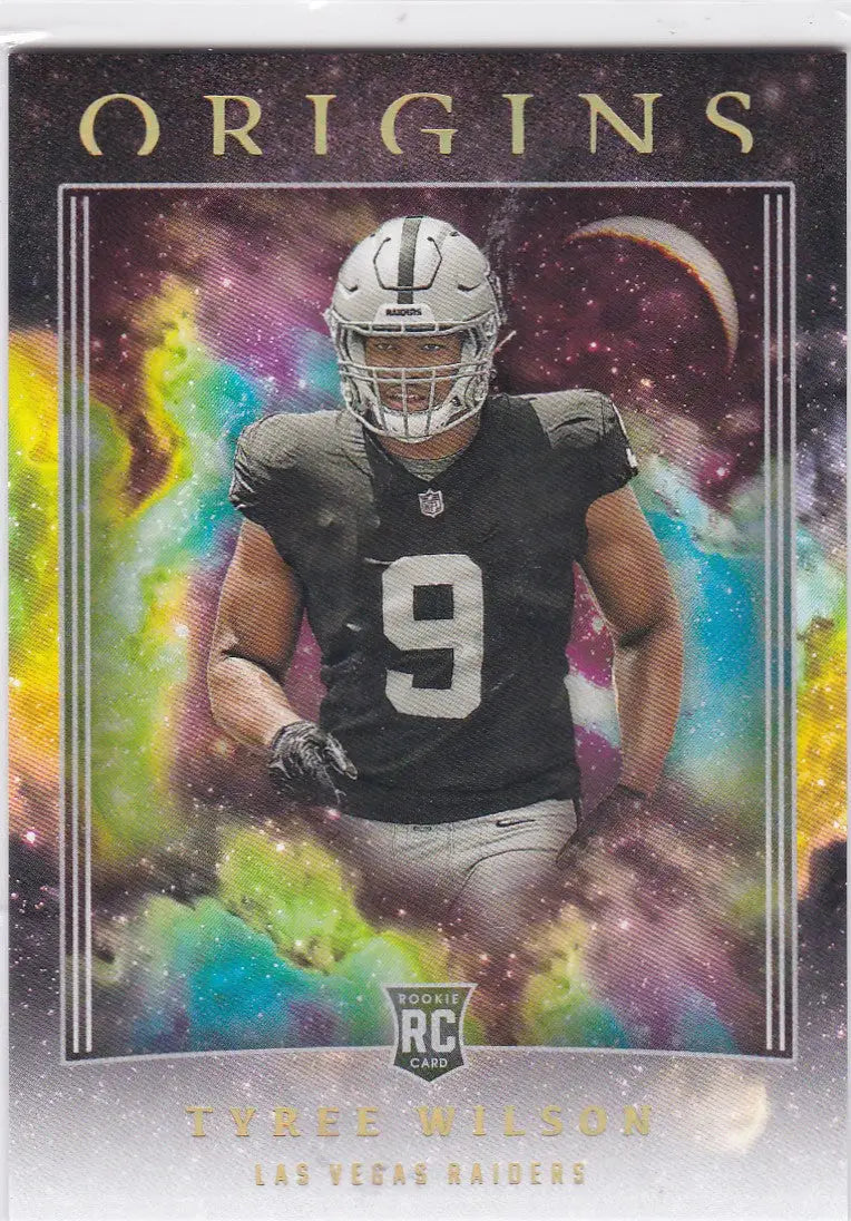 NFL trading card of Tyree Wilson RC in black jersey #9 for Las Vegas Raiders Panini Origins