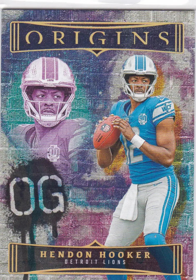 NFL trading card of Hendon Hooker in blue and silver uniform for Gridiron RC Lions