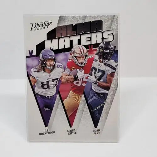 Football trading card of NFL players in Vikings and 49ers uniforms from Panini Prestige Alma Maters