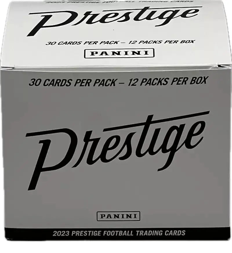 Box of 2023 Panini Prestige Football trading cards in Fat Pack Box display