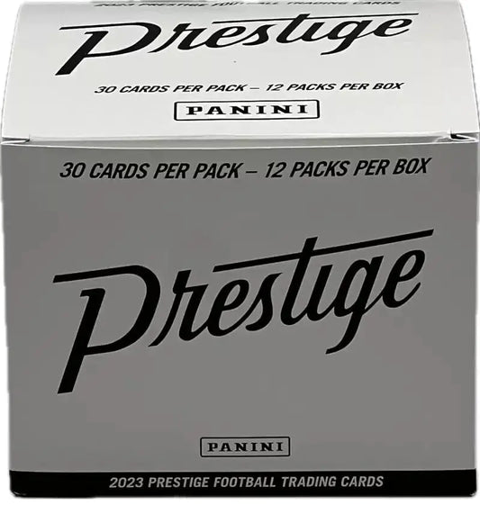 Box of 2023 Panini Prestige Football trading cards in Fat Pack Box display