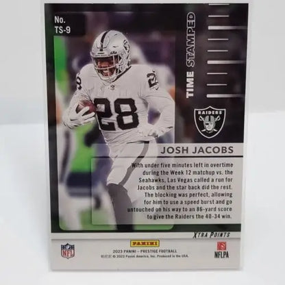 NFL Trading Card of Josh Jacobs in White Raiders Jersey, Panini Prestige 2023