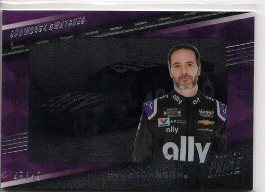 Racing driver trading card of Jimmie Johnson in Ally uniform, Panini Prime Racing Showcase Swatches