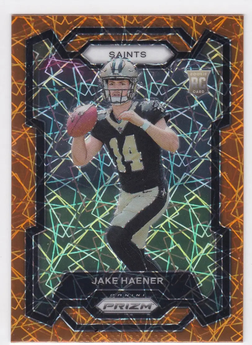 Football trading card of Jake Haener RC Orange from Panini Prizm, New Orleans Saints