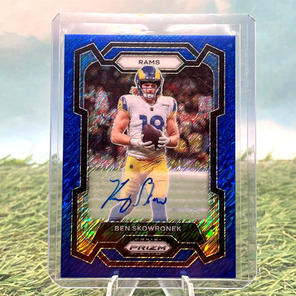 Signed Ben Skowronek football card from 2023 Panini Prizm Blue Shimmer Los Angeles Rams