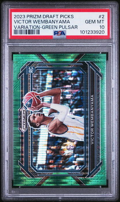 Graded Victor Wembanyama basketball card 2023 Panini Prizm Variation Green Pulsar