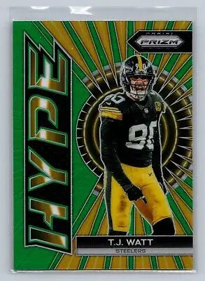 T.J. Watt football card featuring 2023 Panini Prizm Hype Prizm Green design