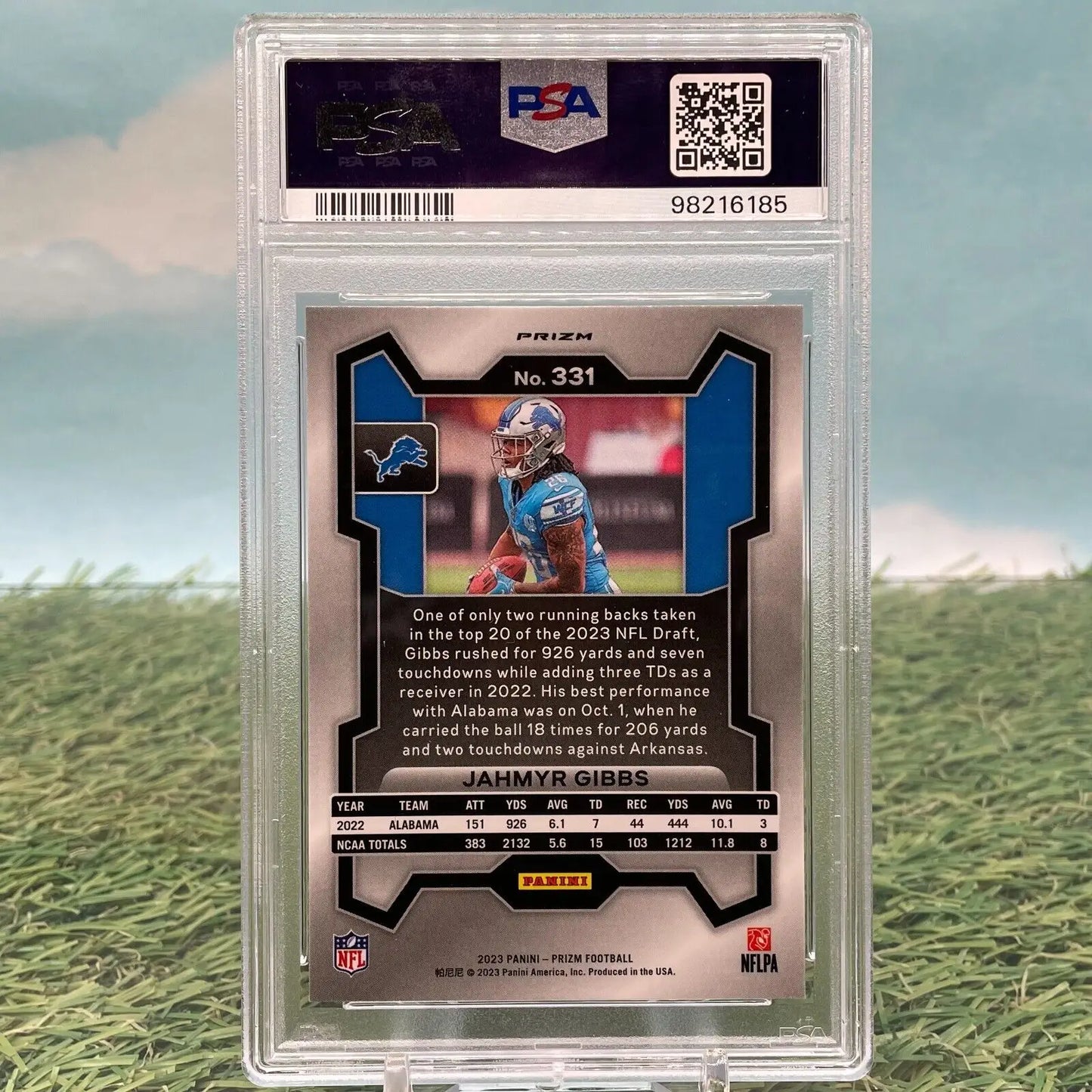 Graded Jahmyr Gibbs trading card from 2023 Panini Prizm Silver Prizm Rookie PSA 9 Mint