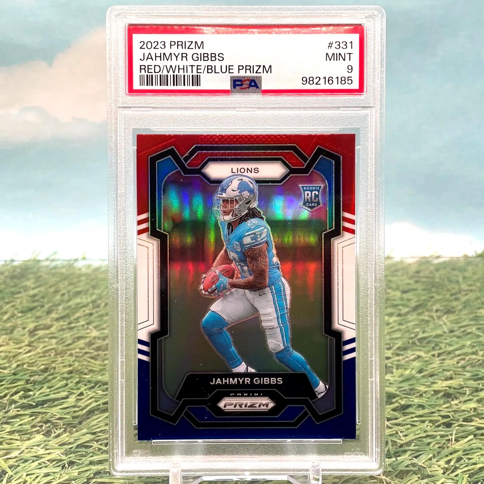 Graded Jahmyr Gibbs trading card from 2023 Panini Prizm PSA 9 Mint RC Lions