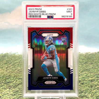 Graded Jahmyr Gibbs trading card from 2023 Panini Prizm PSA 9 Mint RC Lions