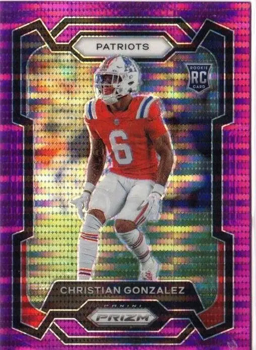 Pink and purple holographic Prizm Purple Pulsar card of Christian Gonzalez, Patriots RC