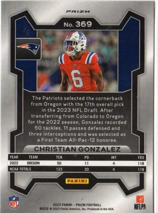 2023 Panini Prizm Purple Pulsar Prizm featuring Patriots player Christian Gonzalez RC