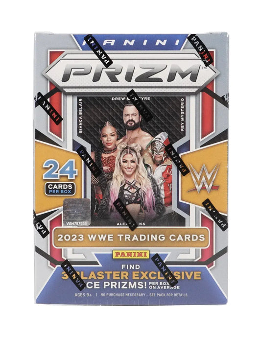 2023 Panini Prizm WWE Blaster Box featuring three blaster exclusive cards per pack