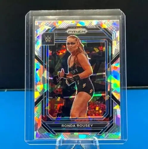 Holographic Panini Prizm WWE Ronda Rousey trading card in protective case