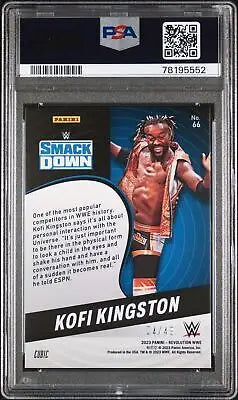 Graded Kofi Kingston wrestling card from 2023 Panini Revolution WWE #66 Cubic 4/49 PSA 9