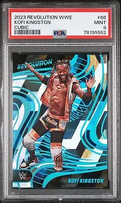 Graded Kofi Kingston wrestling card from 2023 Panini Revolution WWE #66 Cubic 4/49 PSA 9