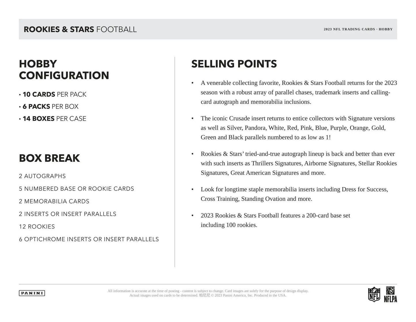 Product information sheet for 2023 Panini Rookies & Stars Football Hobby Box with insert parallels and iconic Crusade insert