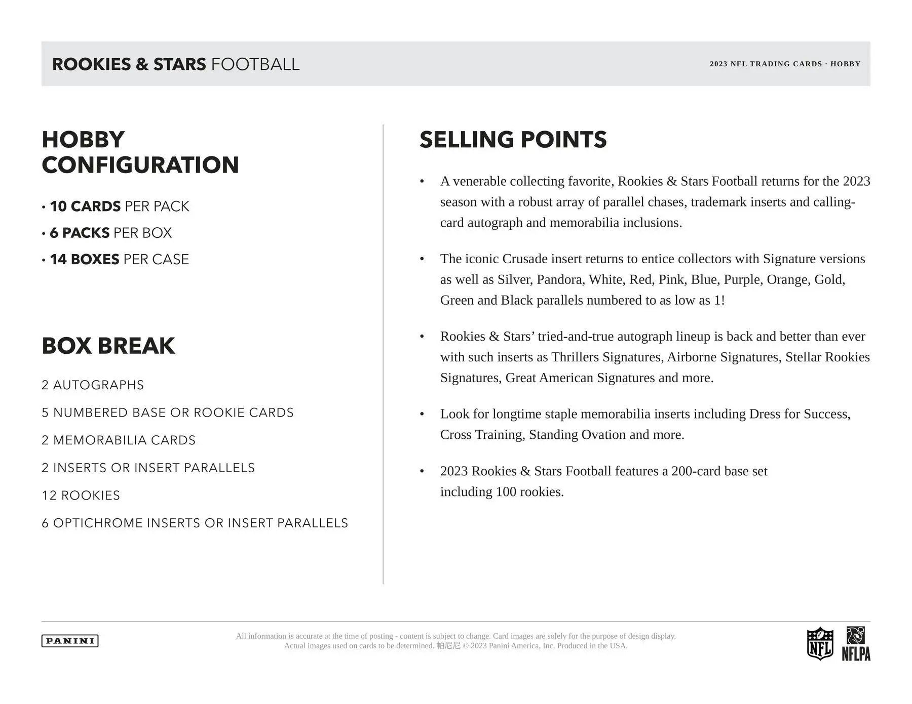 Product information sheet for 2023 Panini Rookies & Stars Football Hobby Box with insert parallels and iconic Crusade insert