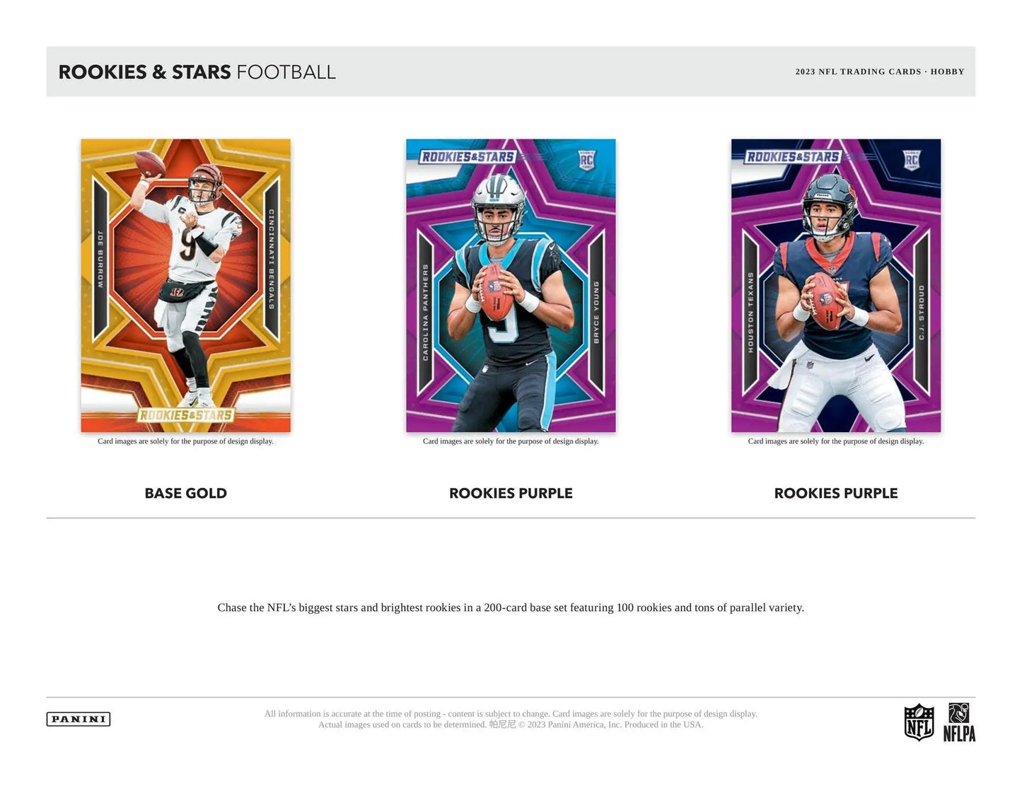 Three football trading cards featuring NFL players in orange and purple from 2023 Panini Rookies & Stars Football