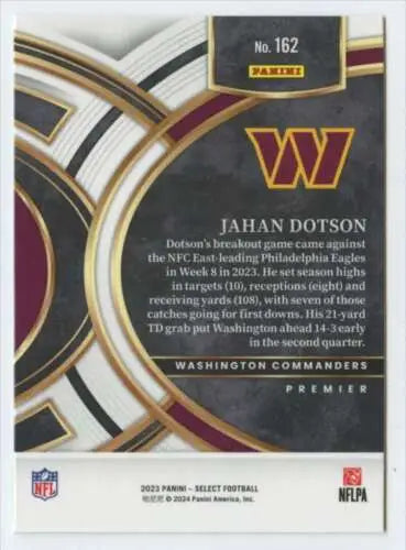 Football card back of 2023 Panini Select Jahan Dotson in original gloss finish