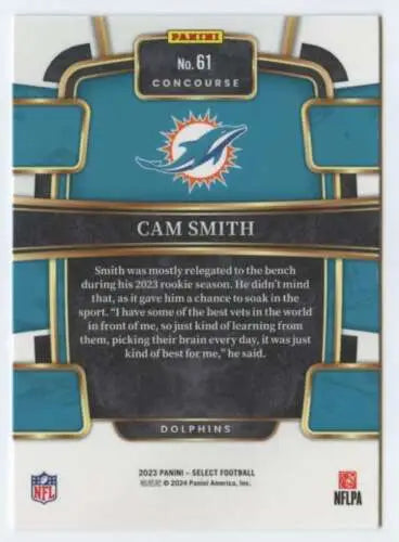 Cam Smith 2023 Panini Select football card showcasing original gloss from Dolphins Concourse