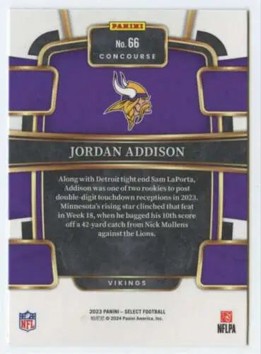 Jordan Addison football card from 2023 Panini Select with original gloss in NM-MT condition