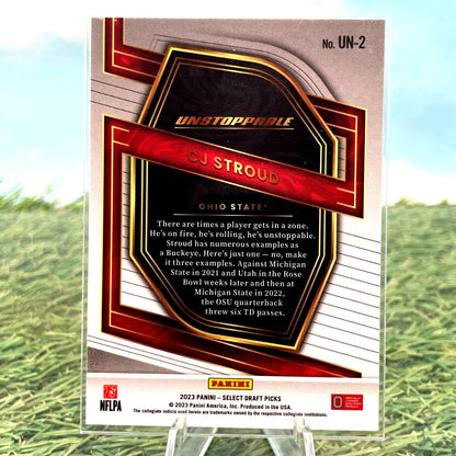 Football trading card featuring Unstoppable text with black and red design from Panini Select