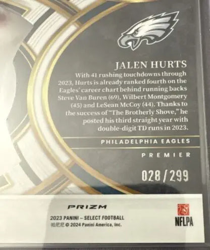 Jalen Hurts football card from 2023 Panini Select Jalen #184 Bronze Die-Cut Eagles