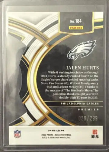 Jalen Hurts football card 2023 Panini Select #184 Bronze Die-Cut Premier Level Eagles