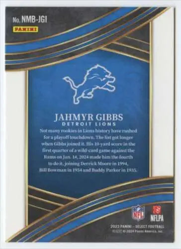 Jahmyr Gibbs Detroit Lions football card from 2023 Panini Select Select Numbers series