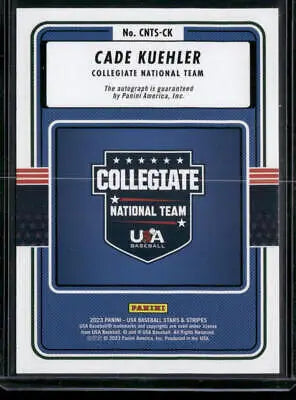 2023 Panini USA Baseball Cade Kuehler Auto card back from USA Baseball Stars & Stripes series