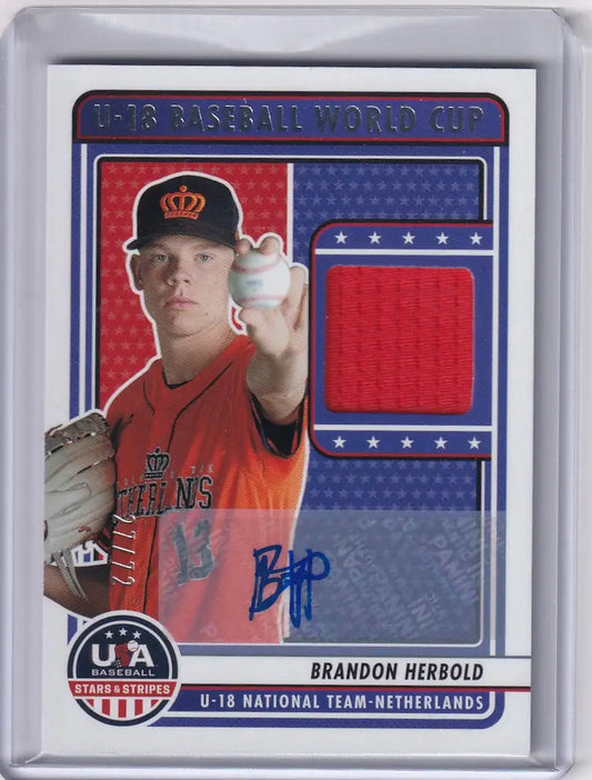 Baseball trading card of Brandon Herbold in orange jersey from Panini USA Stars & Stripes Baseball Auto Relic