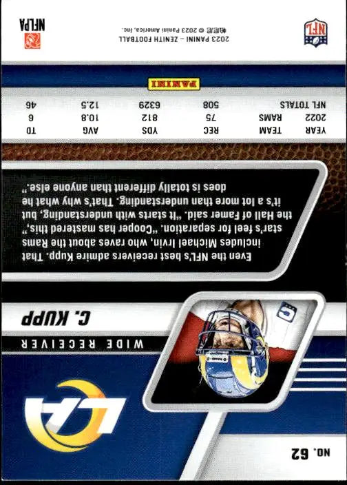 Cooper Kupp in blue and gold uniform on 2023 Panini Zenith #62 trading card