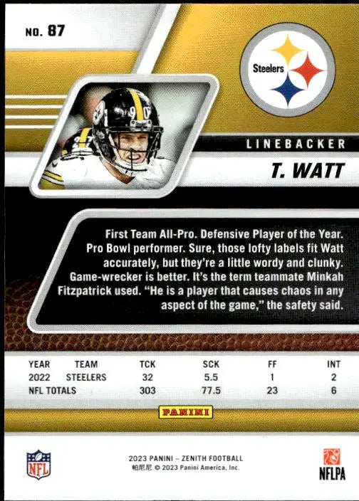 Pittsburgh Steelers linebacker T.J. Watt in 2023 Panini Zenith trading cards