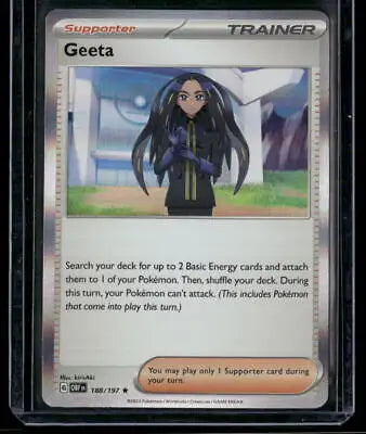 Geeta Trainer card from 2023 Pokémon Holo Rare Obsidian Flames set