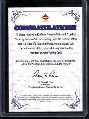 Trading card with congratulations message for Mario Andretti GOAT 1/1 Patch Auto Racing