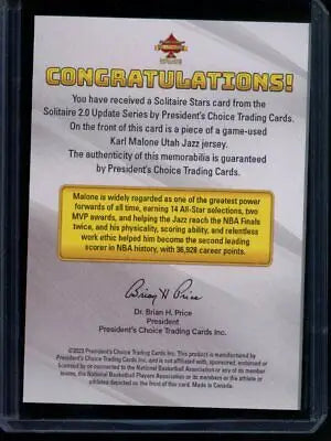 Karl Malone game-used jersey card from 2023 President’s Choice Solitaire Stars 1/1 Basketball