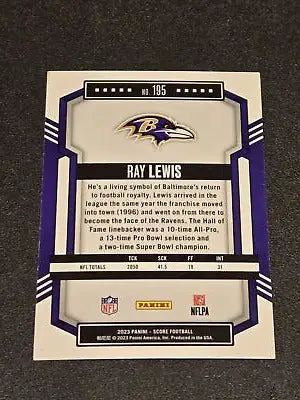 Ray Lewis NFL trading card from 2023 Score series #195 featuring Baltimore Ravens legend