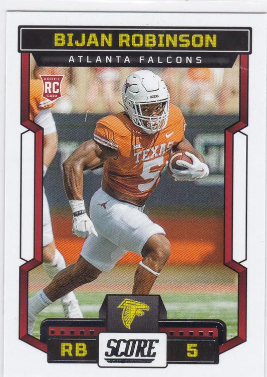 Football trading card of Bijan Robinson RC Atlanta Falcons in Texas college uniform