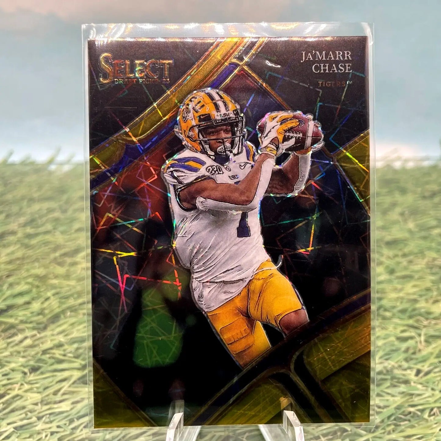 Football trading card of Ja’Marr Chase in white and yellow LSU uniform from Select Draft Picks