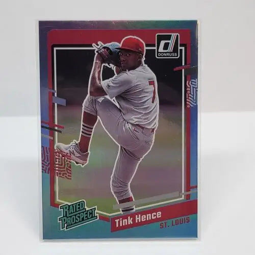 Baseball card of a St. Louis Cardinals pitcher in mid-delivery, Donruss Rated Prospect Holo Blue