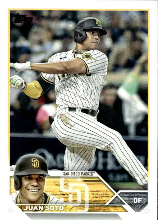 Baseball card of Juan Soto in pinstripe uniform for San Diego Padres collectors