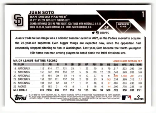 Juan Soto baseball card 2023 Topps #1 NM Near Mint Padres original gloss Simply Sandoval